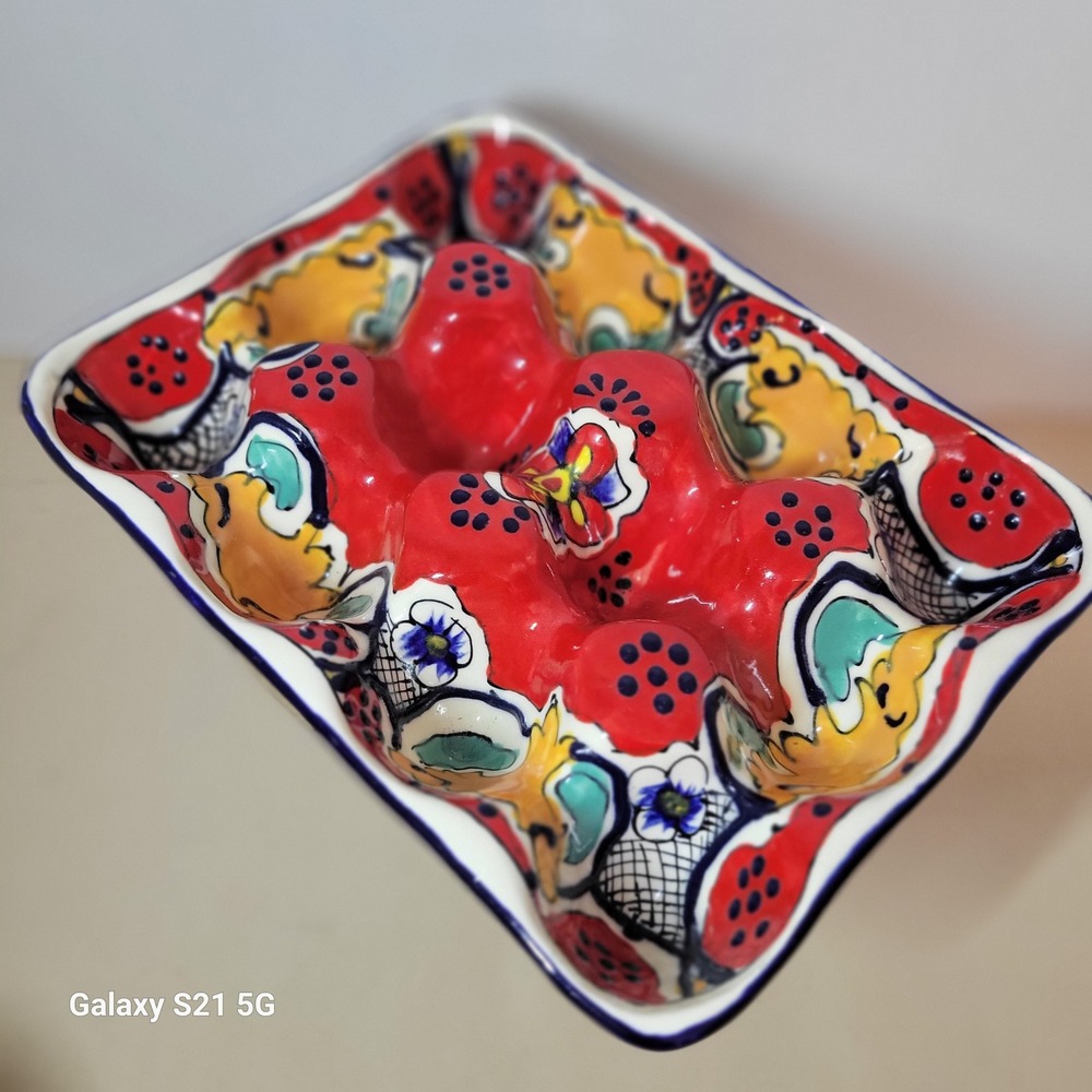 Talavera Ceramic Egg Crate Holder 12 Slot Hand Painted Mexico Pottery Red Blue